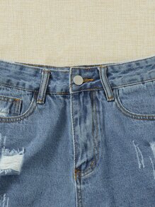Breezaya Ripped Raw Hem Denim Shorts - Medium Wash - View 4
