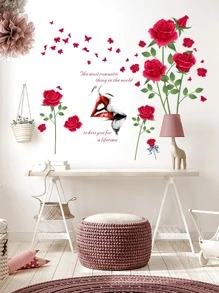 1 pièce Autocollant mural en PVC, décoration murale créative avec motif rose et papillon pour la maison, autocollants, décoration murale, décalque en vinyle pour les décorations de la maison, articles de décoration printanière pour rafraîchir votre maison, autocollants de décoration Rama