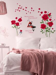 1 pièce Autocollant mural en PVC, décoration murale créative avec motif rose et papillon pour la maison, autocollants, décoration murale, décalque en vinyle pour les décorations de la maison, articles de décoration printanière pour rafraîchir votre maison, autocollants de décoration Rama