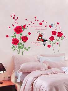 1 pièce Autocollant mural en PVC, décoration murale créative avec motif rose et papillon pour la maison, autocollants, décoration murale, décalque en vinyle pour les décorations de la maison, articles de décoration printanière pour rafraîchir votre maison, autocollants de décoration Rama