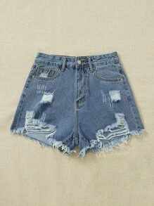 Breezaya Ripped Raw Hem Denim Shorts - Medium Wash - View 5