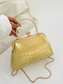 鱷魚紋手提袋吻扣頂把鏈金屬PU，時尚、叛逆和街頭穿搭的手提包 - 金色 - 查看 9