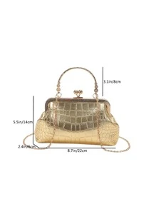 鱷魚紋手提袋吻扣頂把鏈金屬PU，時尚、叛逆和街頭穿搭的手提包 - 金色 - 查看 4