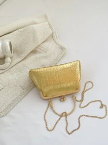 鱷魚紋手提袋吻扣頂把鏈金屬PU，時尚、叛逆和街頭穿搭的手提包 - 金色 - 查看 3