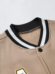 Manfinity Campus Court 1件男式鬆身學院風夾克,標語圖案和拼色設計 - 卡其色 - 查看 4