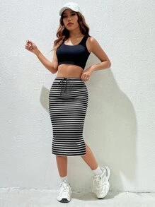 SHEIN EZwear Jupe À Rayures Fendu À Cordon