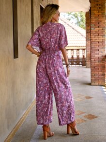 SHEIN VCAY Paisley Print Plunge Neck Batwing Sleeve Knot Front Jumpsuit - Multicolor - View 2