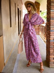 SHEIN VCAY Paisley Print Plunge Neck Batwing Sleeve Knot Front Jumpsuit - Multicolor - View 6