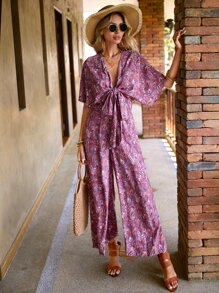 SHEIN VCAY Paisley Print Plunge Neck Batwing Sleeve Knot Front Jumpsuit - Multicolor - View 3