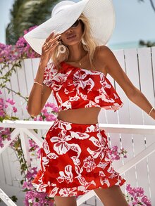 SHEIN VCAY Falda con top con estampado floral de un hombro ribete con fruncido - Rojo y blanco - Ver 4