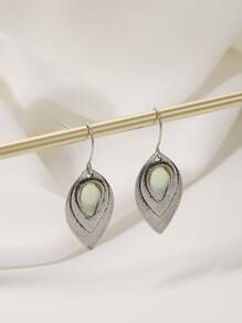 Bead Inlaid Antique Metal Carving Pattern Stud Earrings - Multicolor - View 2