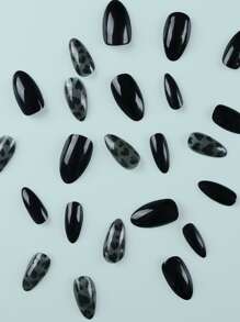 24入組長形杏仁形黑色和心形設計假指甲套裝，瞬間提升你的造型，適用於女性和女孩，自貼指甲，美甲工具 - 黑色 - 查看 3