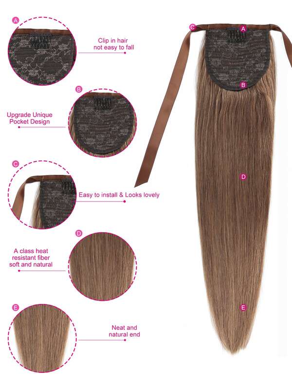 1Pc Ribbon Tie Wrap Around Straight Ponytail Human Hair Extension 6