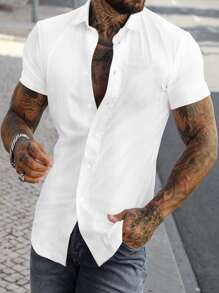 Manfinity Homme Men Solid Button Up Pocket Patched Shirt Without Tee - White - View 1