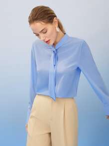 MOTF PREMIUM 真絲打結式襯衫 - 淺藍色 - 查看 15