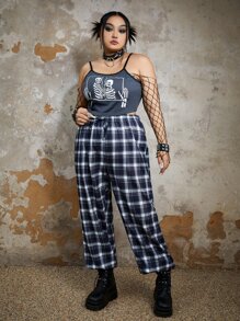 Catsneeze Plus Skeleton Print Cami Top & Plaid Pants - Grey - View 3