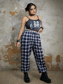Catsneeze Plus Skeleton Print Cami Top & Plaid Pants - Grey - View 4