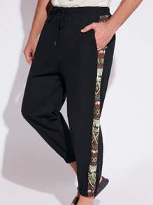 GENTILAND Hombres Pantalones en contraste rinoceronte con costura lateral de cintura con cordón - Negro - Ver 1