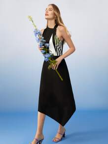 MOTF PREMIUM Váy không đối xứng cổ lụa nguyên chất - màu đen - Xem 2