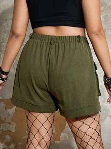ROMWE Goth Shorts con bolsillo con solapa - Verde militar - Ver 2