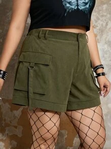 ROMWE Goth Shorts con bolsillo con solapa - Verde militar - Ver 3