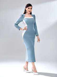 Modelyn Đầm Nút Chia Dây kéo Khối Màu Thanh lịch - Màu xanh bụi bặm - Xem 5