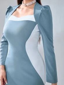 Modelyn Đầm Nút Chia Dây kéo Khối Màu Thanh lịch - Màu xanh bụi bặm - Xem 6