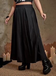 ROMWE Academia 大碼素色百褶半身裙 - 黑色 - 查看 3