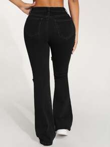 SHEIN PETITE High Waist Ripped Flare Leg Jeans - Black - View 2
