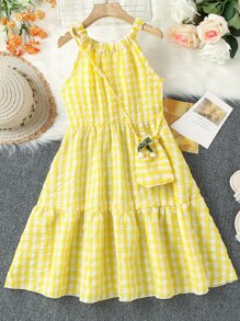 Tween Girl Gingham Ruffle Hem Dress With Bag - Yellow - View 1