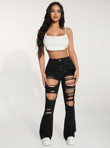 SHEIN PETITE High Waist Ripped Flare Leg Jeans - Black - View 6