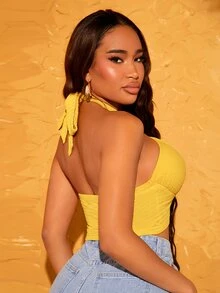 SHEIN SXY Cut Out Front Halter Top - Yellow - View 2
