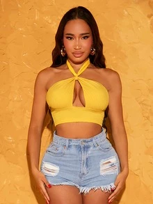 SHEIN SXY Cut Out Front Halter Top - Yellow - View 4