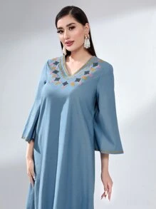 Modelyn Floral Embroidery Flounce Sleeve Tunic Dress
