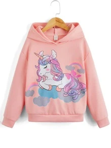 SHEIN Tween Girl Unicorn Print Drop Shoulder Sweatshirt - Baby Pink - View 1