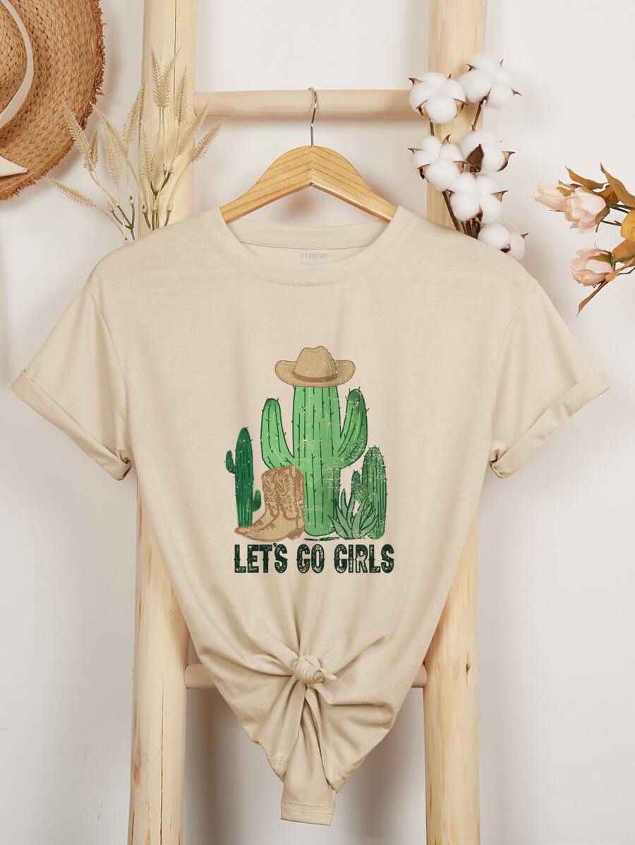 SHEIN Essnce Cactus And Slogan Graphic Tee - Khaki - View 1