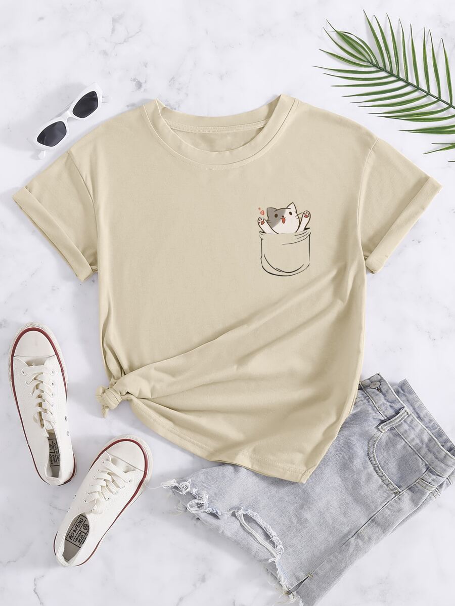 SHEIN EZwear Cartoon Graphic Tee - Apricot - View 1