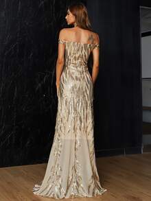 Missord Off Shoulder Sequin Mesh Formal Dress - Gold - View 2