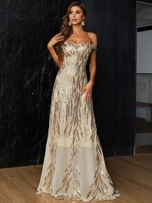 Missord Off Shoulder Sequin Mesh Formal Dress - Gold - View 4