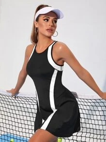 Tennis Casual Contrast Panel Tennis Dress - Black and White - View 5