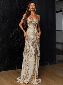 Missord Off Shoulder Sequin Mesh Formal Dress - Gold - View 7