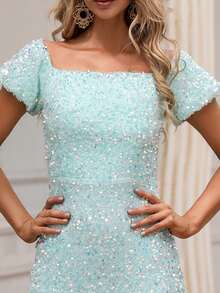 Missord Sequin Square Neck Split Back Dress