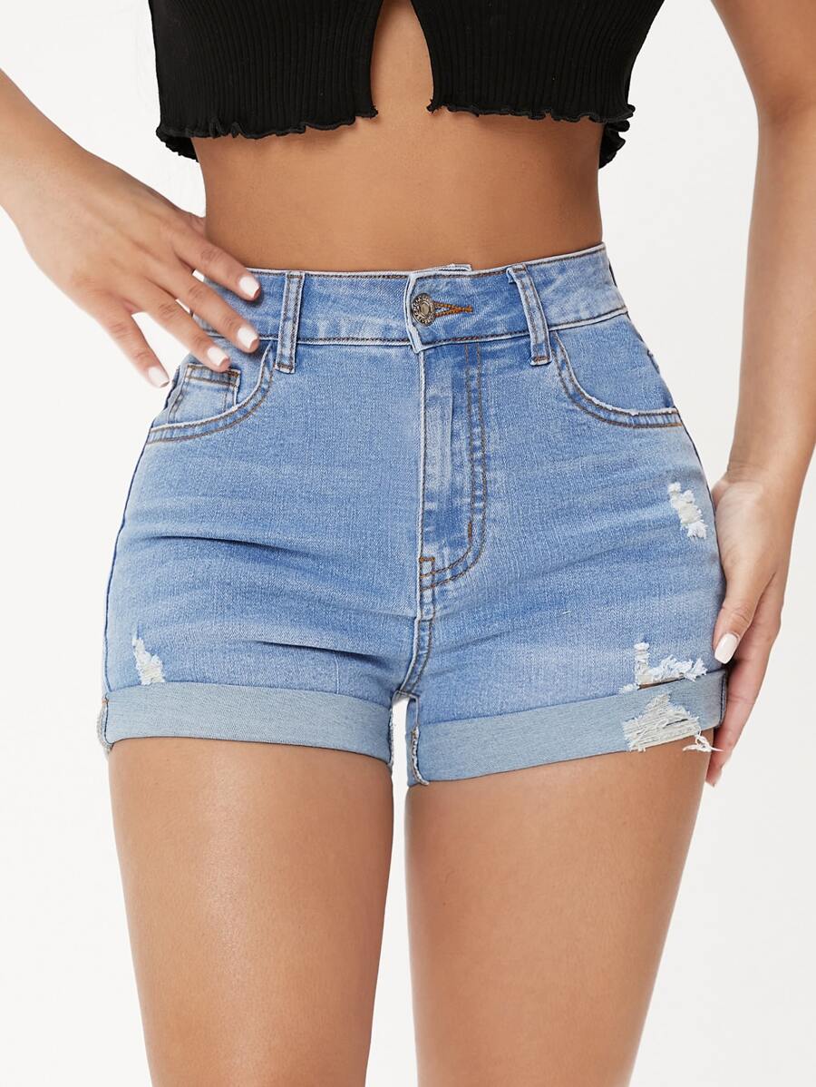 SHEIN PETITE Ripped Cuffed Denim Shorts - Light Wash - View 1