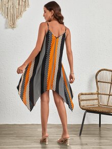 SHEIN LUNE Polka Dot & Striped Print Hanky Hem Cami Dress - Multicolor - View 2