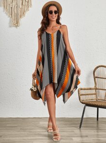 SHEIN LUNE Polka Dot & Striped Print Hanky Hem Cami Dress - Multicolor - View 1