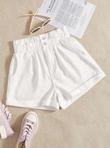 CovetEZ Plus Paperbag Waist Roll Up Hem Denim Shorts - White - View 1