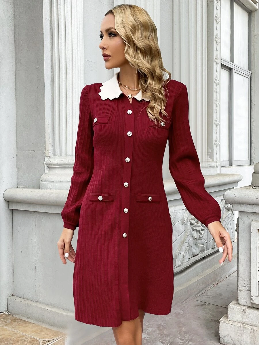 Casual Colorblock Turndown Collar Lantern Sleeve Knit Dress, Spring And Autumn - Burgundy - View 1