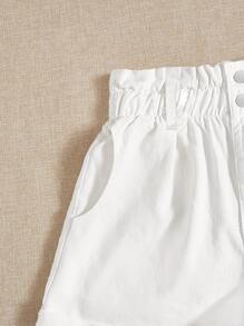CovetEZ Plus Paperbag Waist Roll Up Hem Denim Shorts - White - View 4