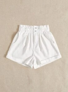 CovetEZ Plus Paperbag Waist Roll Up Hem Denim Shorts - White - View 5