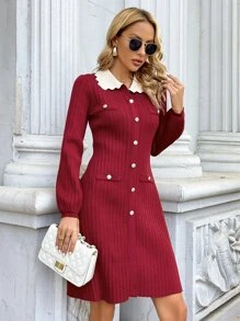 Casual Colorblock Turndown Collar Lantern Sleeve Knit Dress, Spring And Autumn - Burgundy - View 4